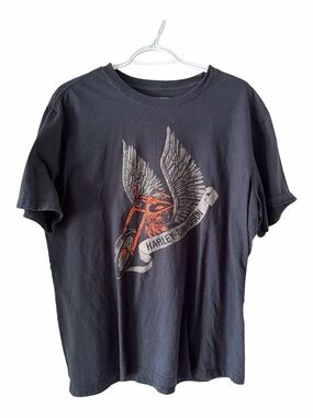 Harley-Davidson Black Tee with Orange Motorcycle and Gray Wings Banner